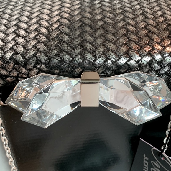 Judith Leiber Overture Hard Shell Woven Silver Black Leather Lucite Bow Clutch - Picture 13 of 16